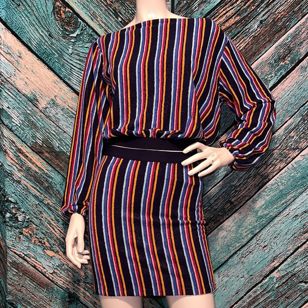 NWOT Forever 21 Multicolor Striped Terry Two Piece Skirt Set, Small